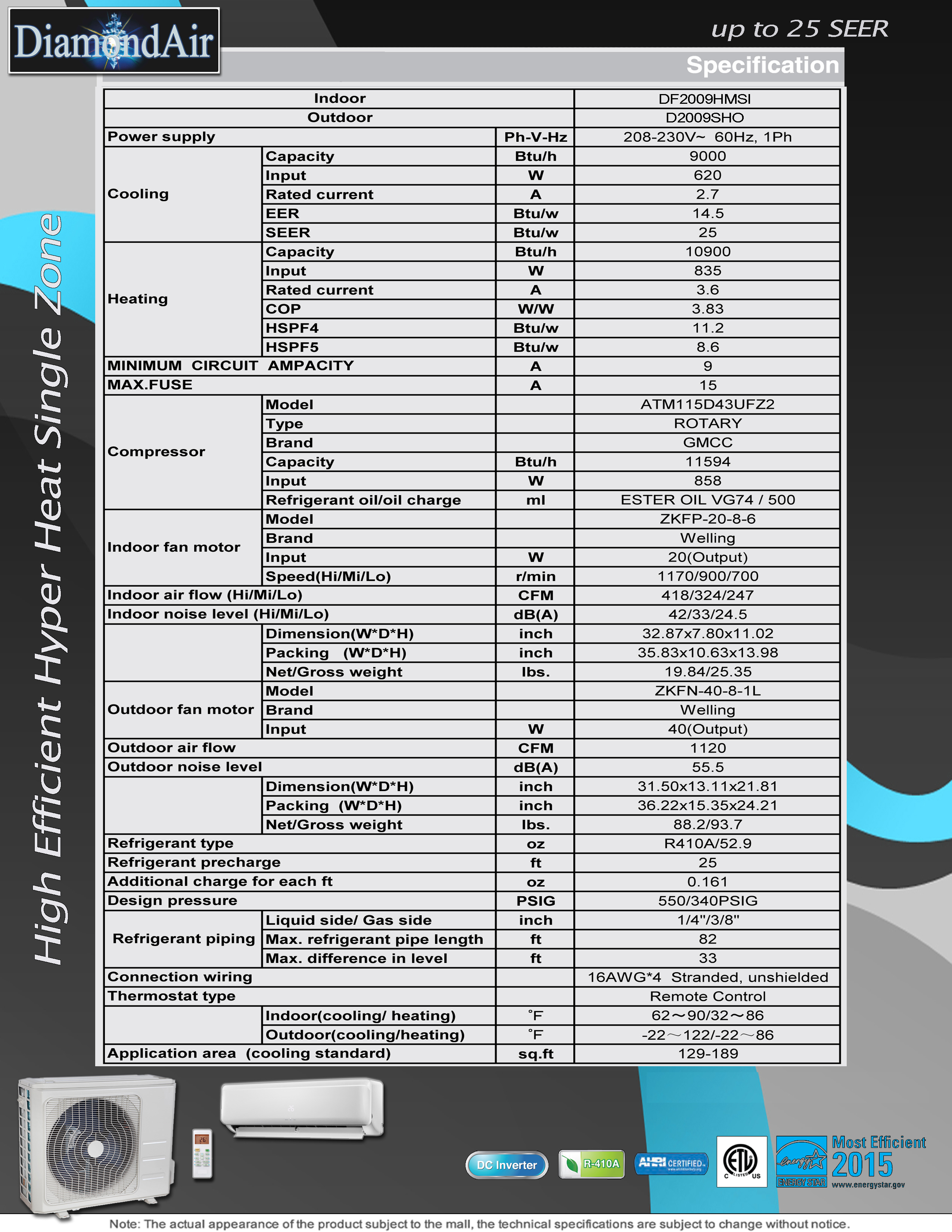 Mini Split 9,000 BTU DiamondAir Hyper Heat (25 SEER!!) Heat Pump System D2009SHO, DF2009HMSI (T)